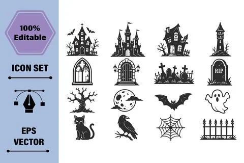 Set of Halloween Theme Icons Featuring Gothic Buildings and Spooky Elements 库存插图