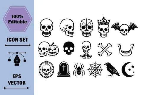 Set of Halloween Themed Vector Icons Featuring Skulls and Spooky Symbols fo.. 库存插图