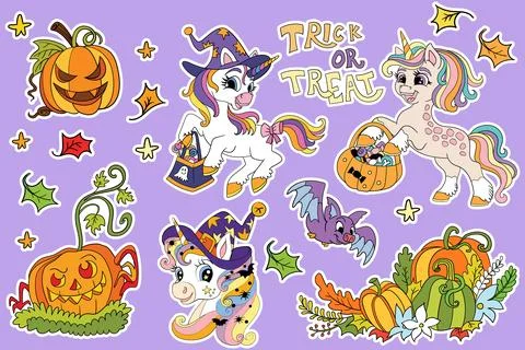 Set of Halloween unicorns and elements purple vector Illustrazione stock