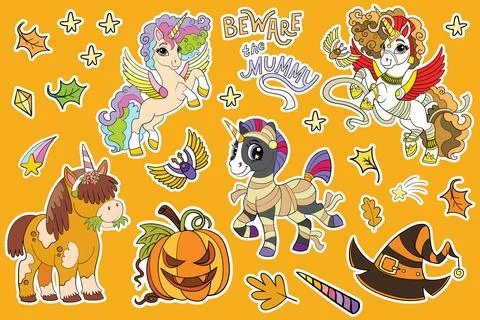 Set of Halloween unicorns and elements orange vector Illustrazione stock