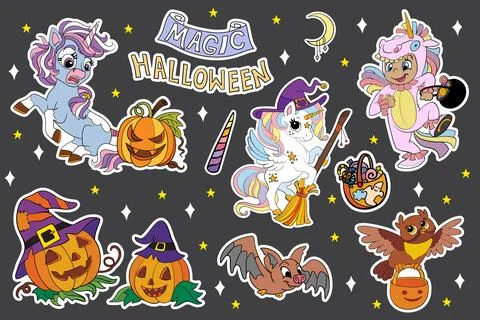 Set of Halloween unicorns and elements black vector Stock Illustration