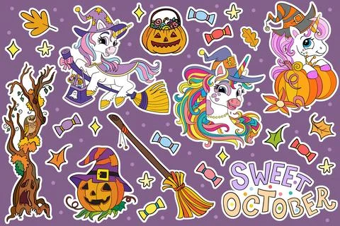 Set of Halloween unicorns and elements vector illustration Illustrazione stock