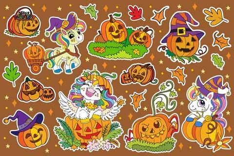 Set of Halloween unicorns and elements brown vector 스톡 일러스트
