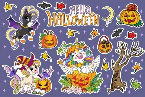Set of Halloween unicorns and elements blue vector Illustrazione stock