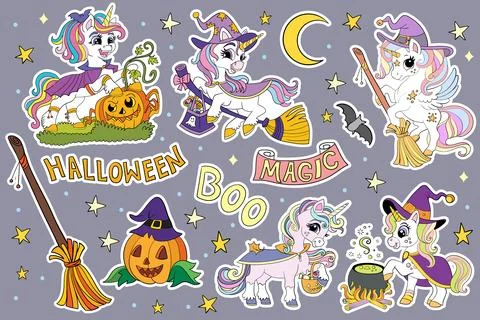 Set of Halloween unicorns and elements gray vector Stock Illustration