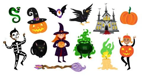 Set of Halloween vector illustrations. Cute kids Halloween characters festive Stock Illustration