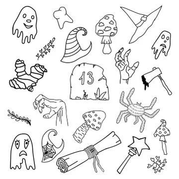 Set on Halloween which has ghosts, witch hats, mushrooms, trash, man's hand Stock Illustration