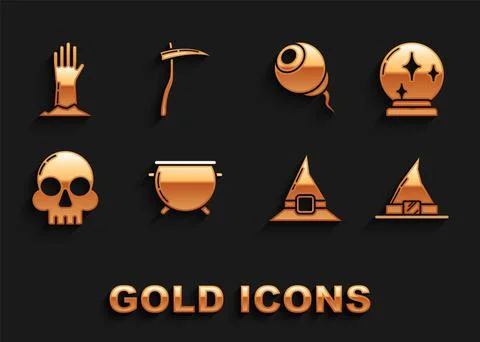 Set Halloween witch cauldron, Magic ball, Witch hat, Skull, Eye, Zombie hand and Stock-Illustration