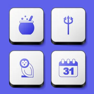 Set Halloween witch cauldron, Trident devil, Owl bird and date 31 october icon Illustrazione stock
