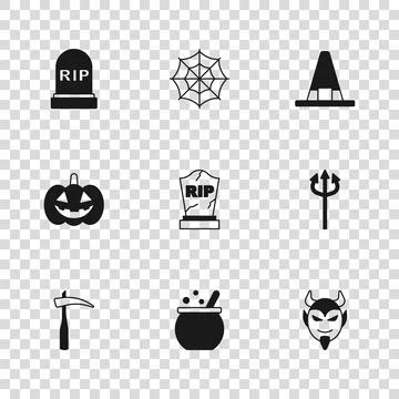 Set Halloween witch cauldron, Trident devil, Devil head, Tombstone with RIP.. Illustrazione stock