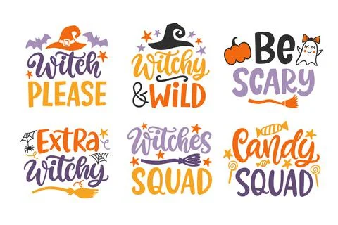 Set of Halloween Witch Hand Drawn Cute Lettering phrases Stock Illustration