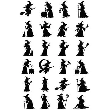 Set of Halloween witch silhouettes performing magic spells in a flat graphi.. Иллюстрация