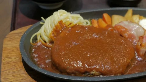 Set of Hamburg Steak with fried egg Stock Footage 77320885