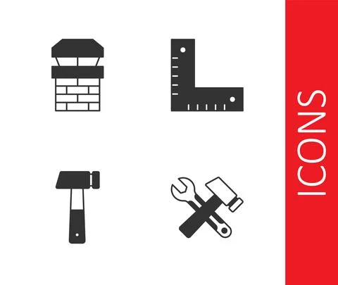 Set Hammer and wrench spanner, Chimney, and Corner ruler icon. Vector Stock Illustration