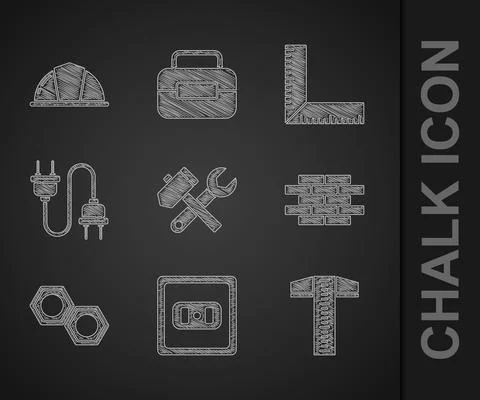Set Hammer and wrench spanner, Electrical outlet, T-square line, Bricks Illustrazione stock