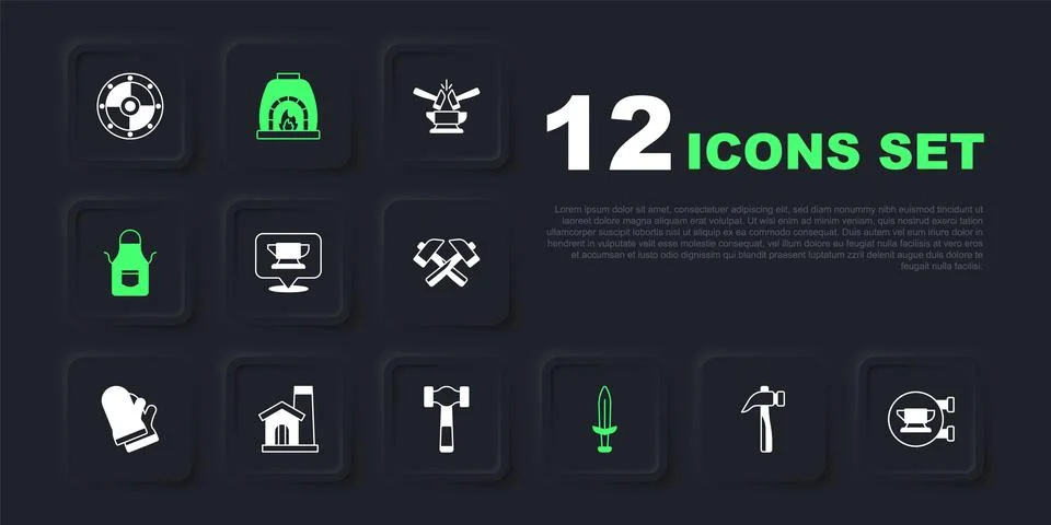 Set Hammer, Blacksmith anvil tool, Medieval sword, apron, Smithy workshop i.. Illustrazione stock