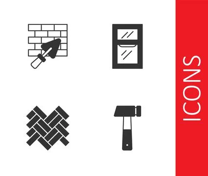 Set Hammer, Brick wall with trowel, Parquet and Window in room icon. Vector Stock Illustration