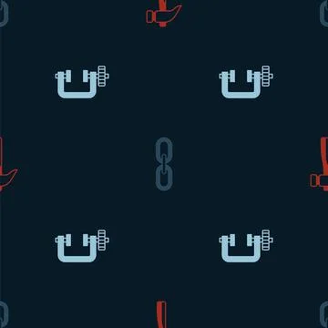 Set Hammer, Chain link and Clamp and screw tool on seamless pattern. Vector Stock Illustration