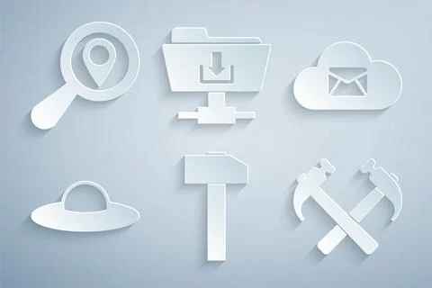 Set Hammer, Cloud mail server, UFO flying spaceship, Two crossed hammers, FTP Stock Illustration