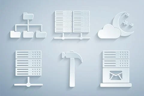Set Hammer, Cloud with moon and stars, Server, Data, Web Hosting, Mail server Stock Illustration