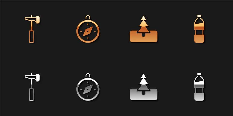 Set Hammer, Compass, Tree and Bottle of water icon. Vector Illustrazione stock