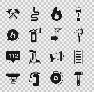 Set Hammer, Fire escape, Firefighter axe, flame, extinguisher, Emergency call Stock Illustration