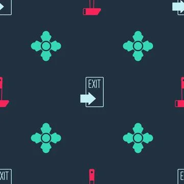 Set Hammer, Fire exit and Firefighter on seamless pattern. Vector Stock Illustration