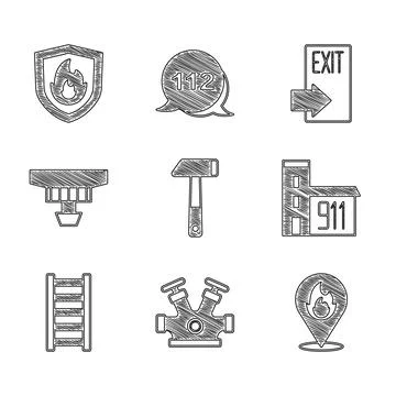 Set Hammer, Fire hydrant, Location with fire flame, Building of station, escape Ilustración de archivo