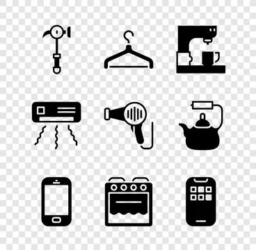 Set Hammer, Hanger wardrobe, Coffee machine, Mobile phone, Oven, Apps, Air .. Stock Illustration