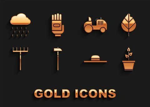Set Hammer, Leaf, Plant in pot, Worker hat, Garden rake, Tractor, Cloud with Stock Illustration
