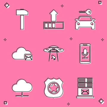 Set Hammer, Loading, Car rental, Cloud mail server, UFO abducts cow and Mobile Illustrazione stock