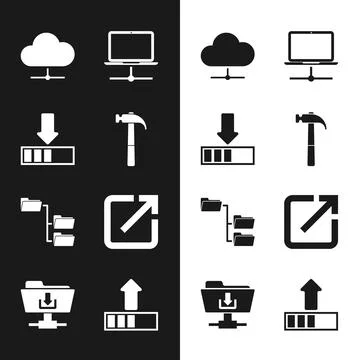Set Hammer, Loading, Network cloud connection, Computer network, Folder tree and Stock Illustration