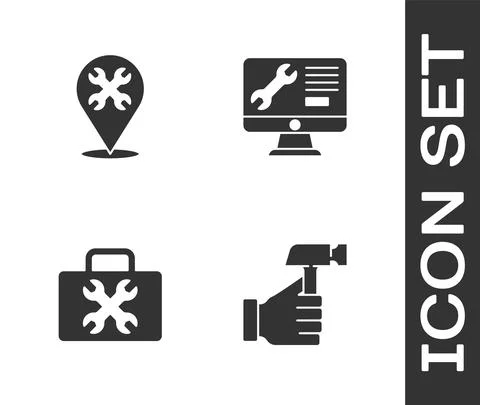 Set Hammer, Location with wrench, Toolbox and Computer monitor service icon Stock Illustration