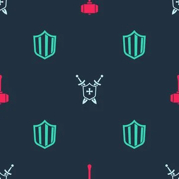 Set Hammer, Medieval shield with swords and Shield on seamless pattern. Vector Stock Illustration