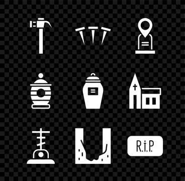 Set Hammer, Metallic nails, Location grave, Grave with cross, Cemetery digg.. Stock Illustration