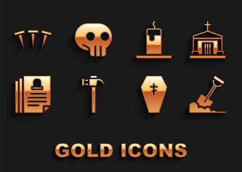 Set Hammer, Old crypt, Shovel in the ground, Coffin with cross, Death Ilustración de archivo