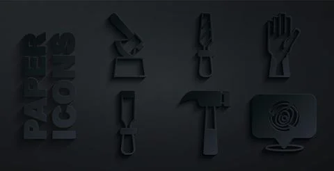 Set Hammer, Protective gloves, Chisel tool, Wooden logs, Rasp metal file and axe Stock Illustration