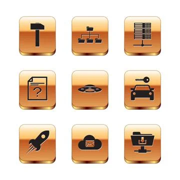 Set Hammer, Rocket ship with fire, Cloud mail server, UFO flying spaceship Stock Illustration