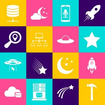 Set Hammer, Rocket ship with fire, Star, Mobile recording, Computer network and 스톡 일러스트