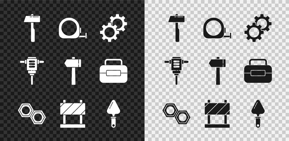 Set Hammer, Roulette construction, Gear, Hexagonal metal nut, Road barrier Illustration