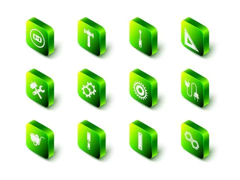 Set Hammer, Screwdriver, Triangular ruler, Electric plug, Hexagonal metal nut Illustrazione stock