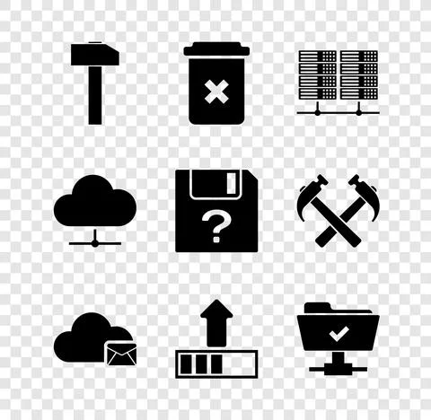 Set Hammer, Trash can, Server, Data, Web Hosting, Cloud mail server, Loading and Stock Illustration