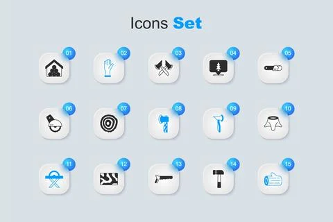 Set Hammer, Tree rings, Protective gloves, Electric circular saw, Wooden lo.. Stock Illustration