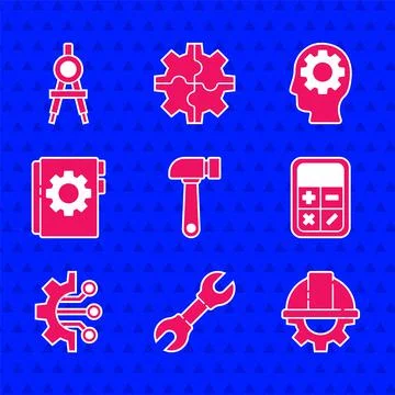 Set Hammer, Wrench spanner, Worker safety helmet and gear, Calculator, Algorithm Stock Illustration