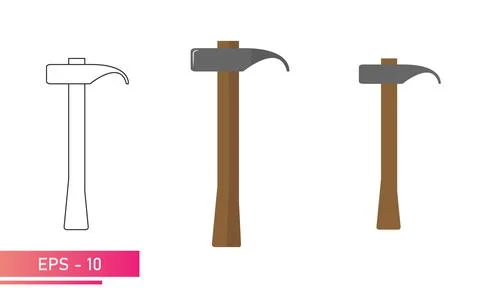 A set of hammers, with a nail clipper and a wooden handle. Realistic and linear Stock Illustration