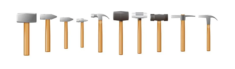 Set of hammers with a wooden handle. Vector industrial workers tool. Equipment Illustration