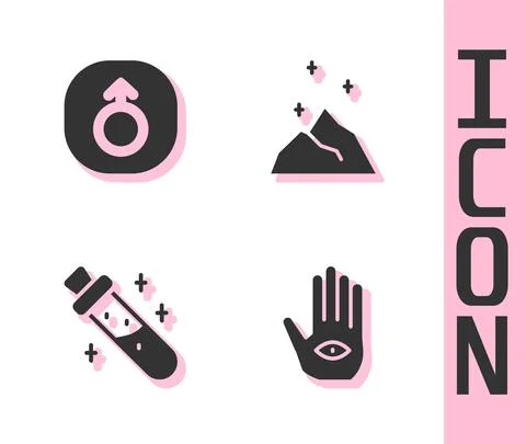 Set Hamsa hand, Mars, Bottle with potion and Magic powder icon. Vector Stock Illustration