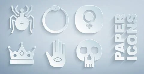 Set Hamsa hand, Venus, King crown, Skull, Ouroboros and Spider icon. Vector Stock Illustration