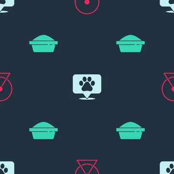 Set Hamster wheel, Location veterinary and Pet food bowl on seamless pattern Stock Illustration