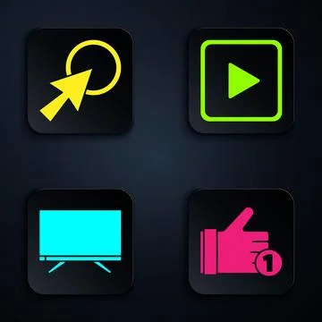 Set Hand like, Arrow cursor, Smart Tv and Play in square. Black square button 스톡 일러스트